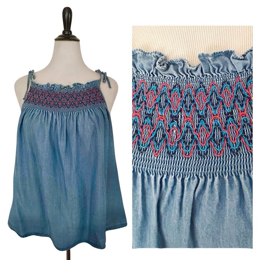 SUGAR + LIPS Blue Smocked Embroidered TOP sz M Tank Babydoll Y2K Hippie Peasant